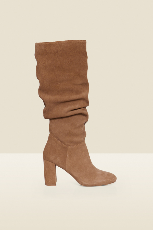 Tan Suede Ruched Block Heel Knee High Boots