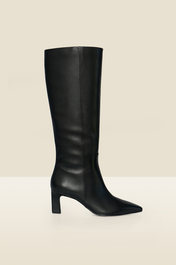 Black Leather Flared Low Heel Knee High Boots