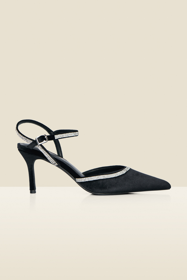 Black Velvet Diamante Trim Kitten Heel Court Shoes