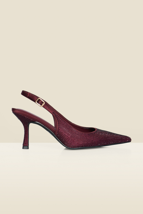 Burgundy Hot Fix Flared Kitten Heel Slingback Court Shoes