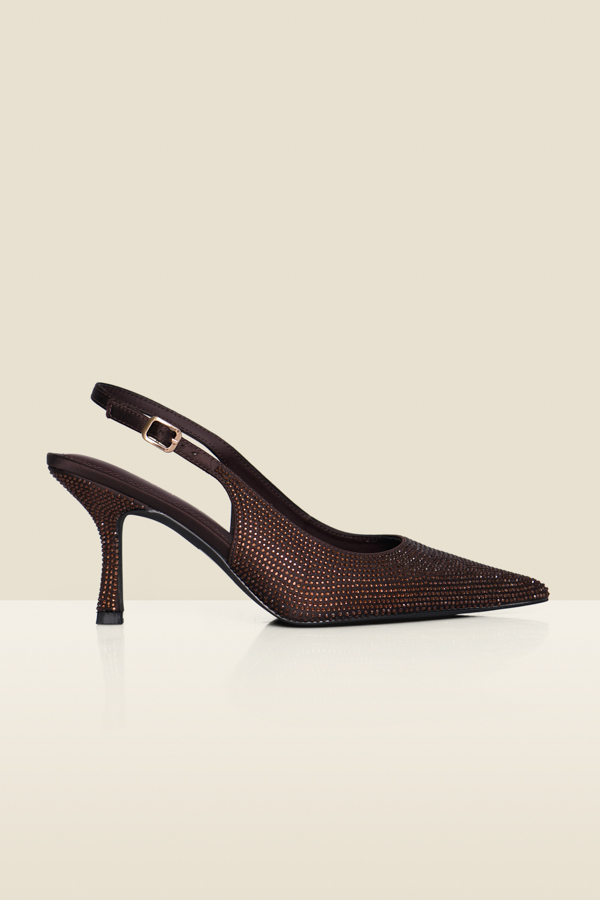 Chocolate Brown Hot Fix Flared Kitten Heel Slingback Court Shoes