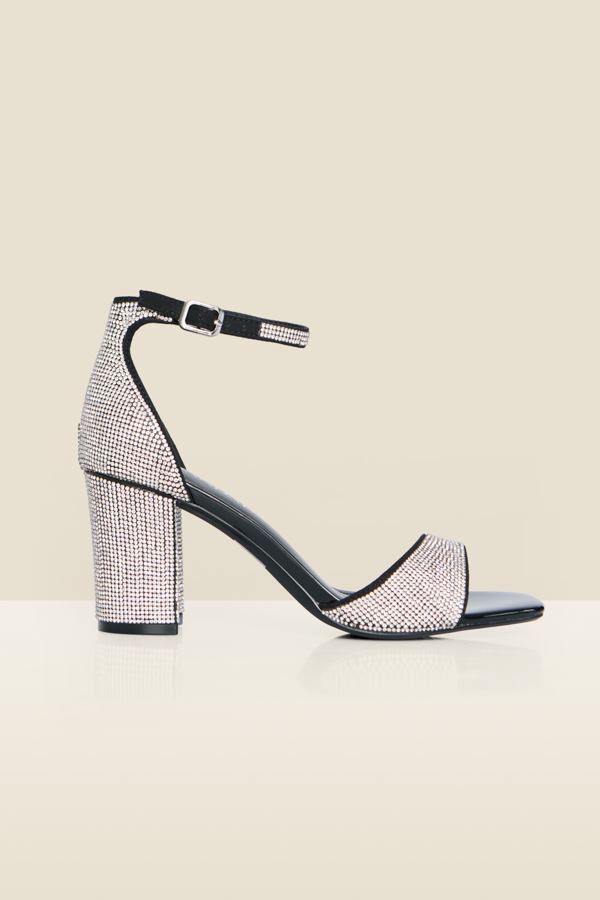 Black Diamante Low Block Heel Sandals