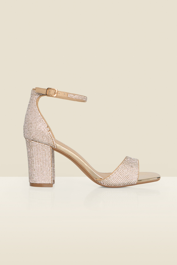 Gold Diamante Low Block Heel Sandals
