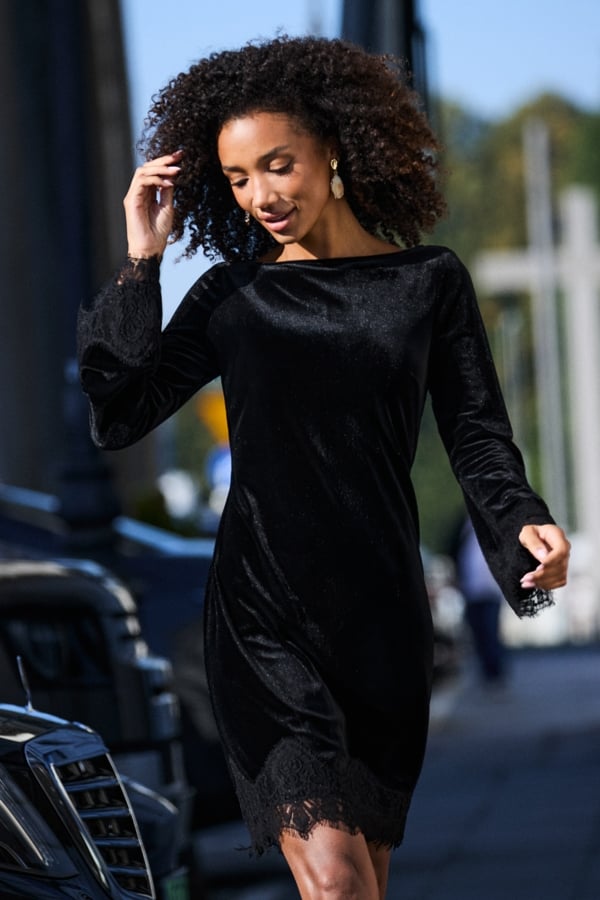 Black Velvet Lace Trim Slash Neck A-Line Dress
