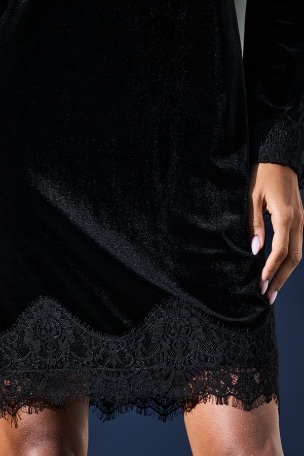 Black Velvet Lace Trim Slash Neck A-Line Dress