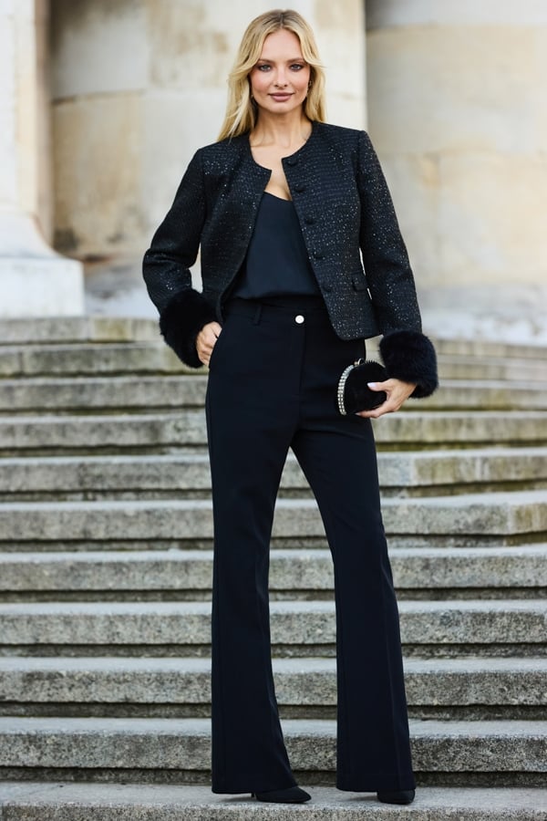 Black Sequin Boucle Jacket With Faux Fur Cuffs
