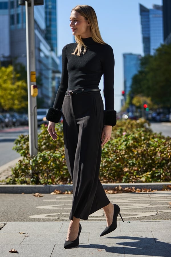Black Belted Wide Leg Culotte Trousers