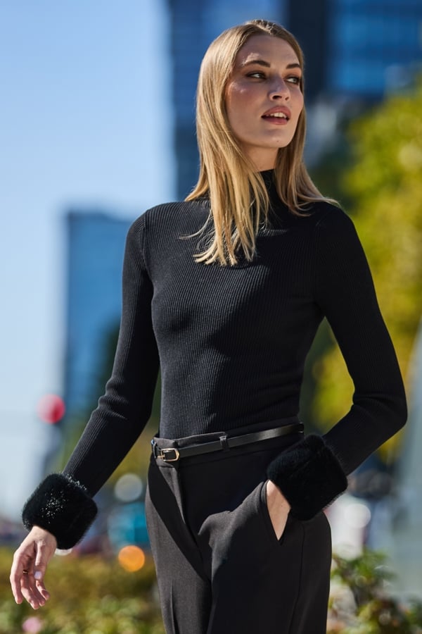Black Faux Fur Cuff Jumper