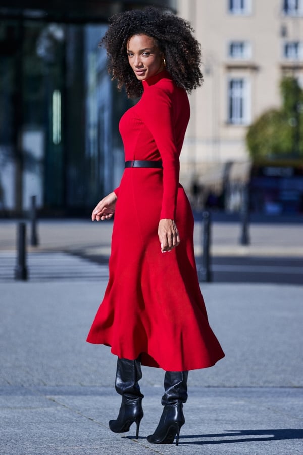 Red Roll Neck Fit & Flare Knitted Dress
