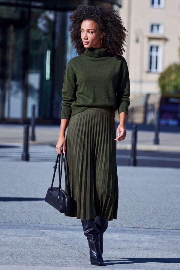 Khaki Green Faux Suede Pleated Midi Skirt