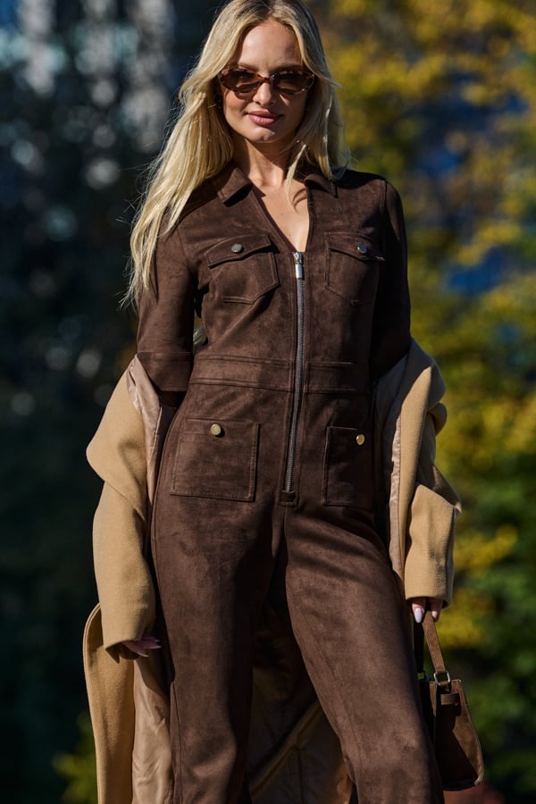 Chocolate Brown Faux Suede Utility Bootcut Jumpsuit