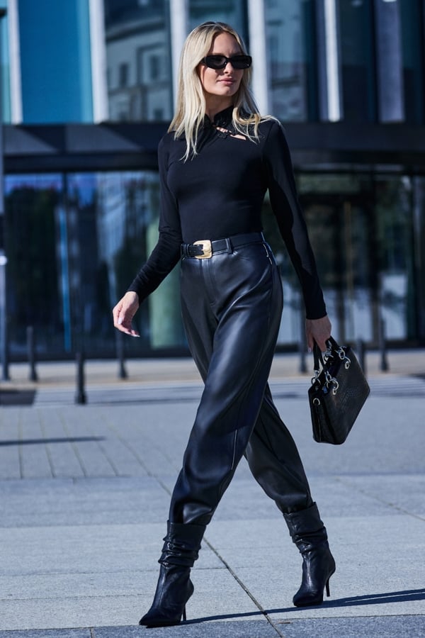 Black Faux Leather Barrel Leg Trousers