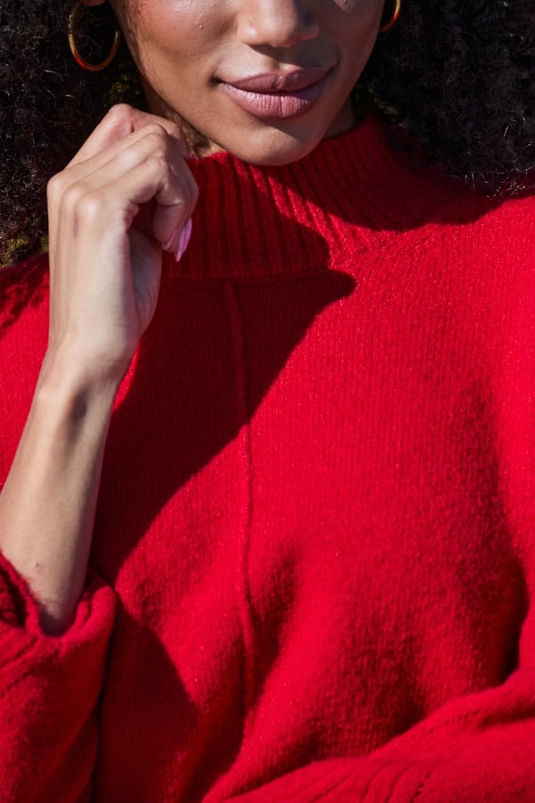 Red Funnel Neck Pintuck Detail Jumper