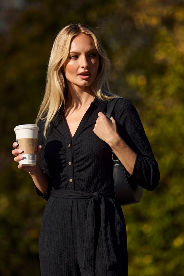 Black Textured Balloon Leg Jumpsuit