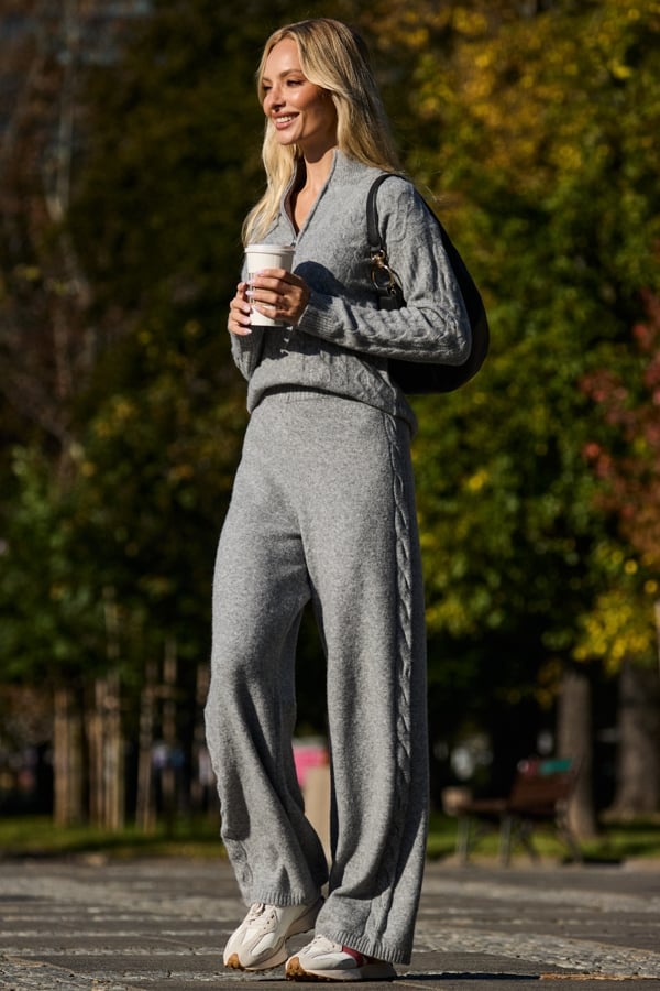 Charcoal Grey Cable Knit Wide Leg Trousers