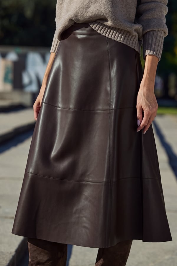 Chocolate Brown Leather Look Panelled A-Line Midi Skirt