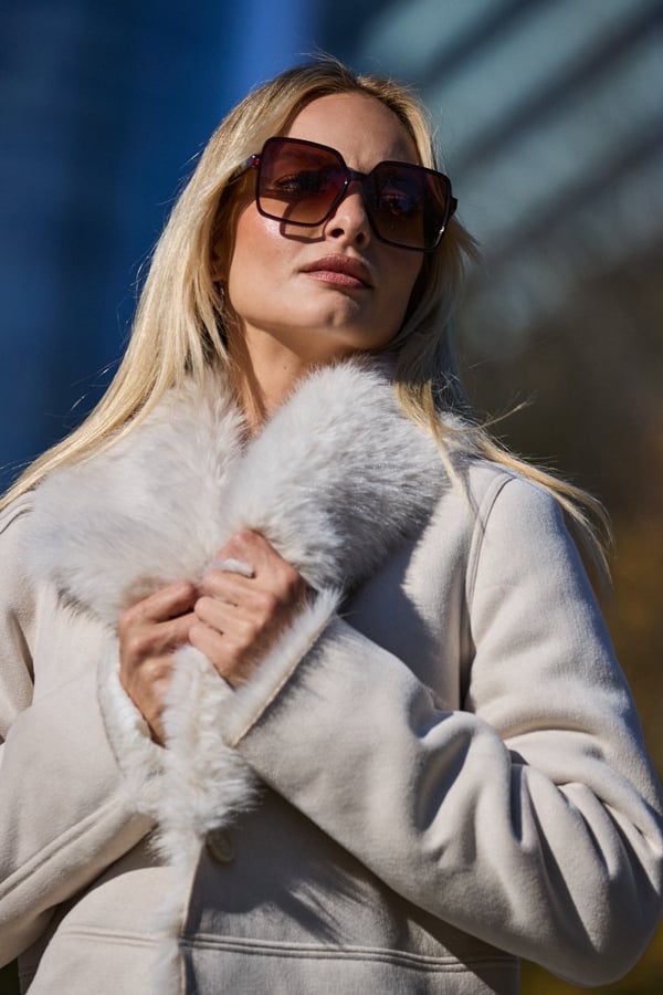 Cream Super Soft Faux Shearling Coat With Faux Fur Collar