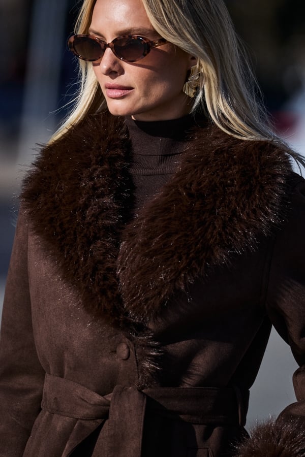 Chocolate Brown Faux Shearling Coat With Faux Fur Collar
