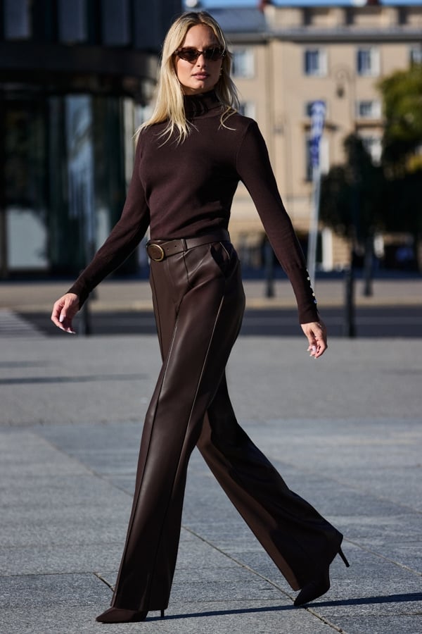 Chocolate Brown Faux Leather Wide Leg Pintuck Trousers