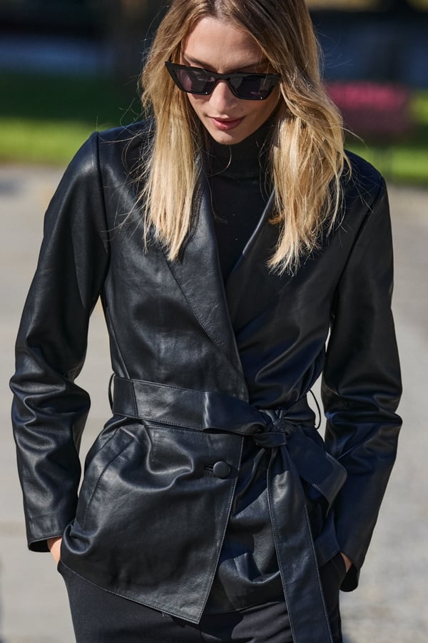 Black Leather Belted Jacket