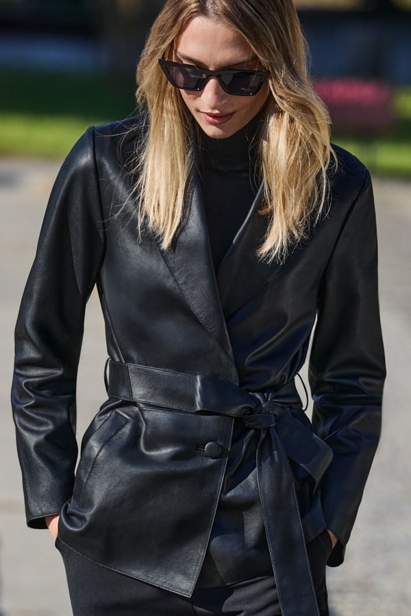 Black Leather Belted Jacket