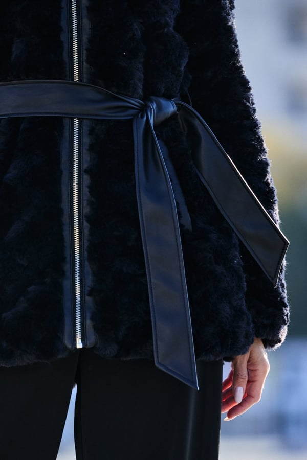 Black Faux Fur Belted Jacket With Faux Leather Detail
