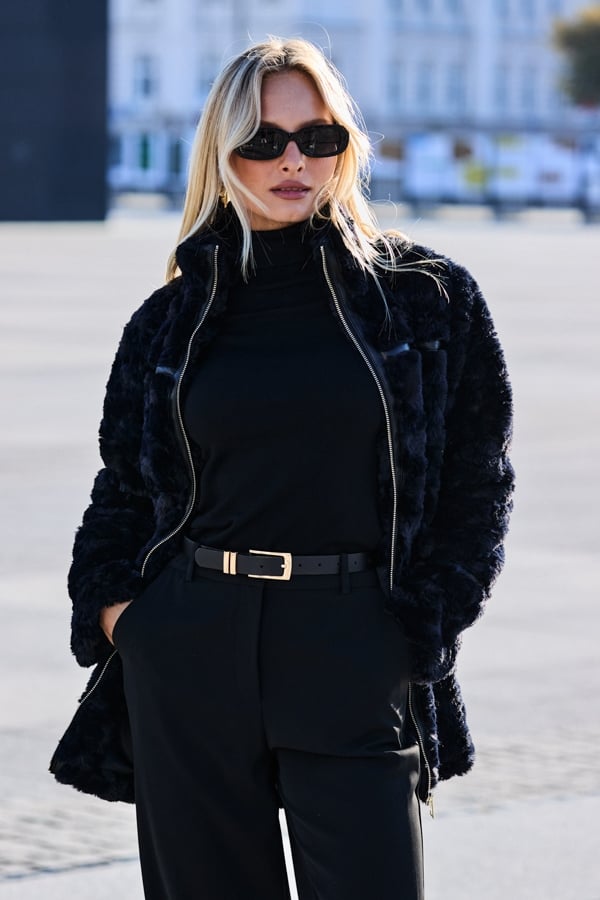 Black Faux Fur Belted Jacket With Faux Leather Detail
