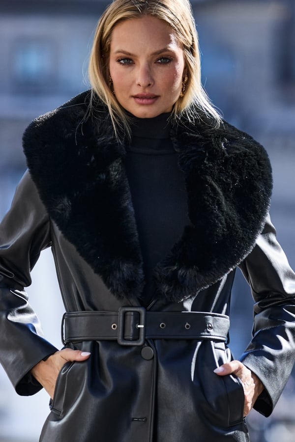 Black Luxe Faux Leather Trench Coat With Faux Fur Trim