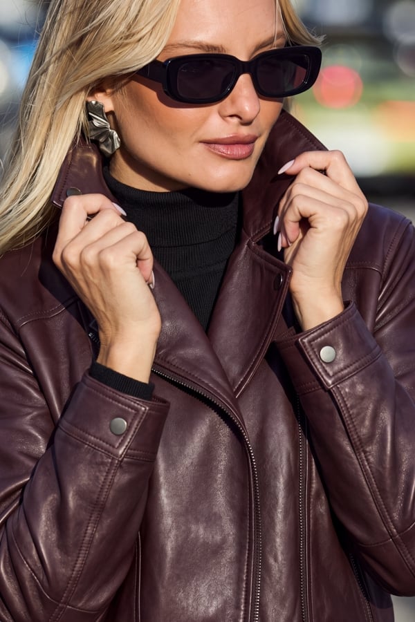 Burgundy Leather Relaxed Biker Jacket
