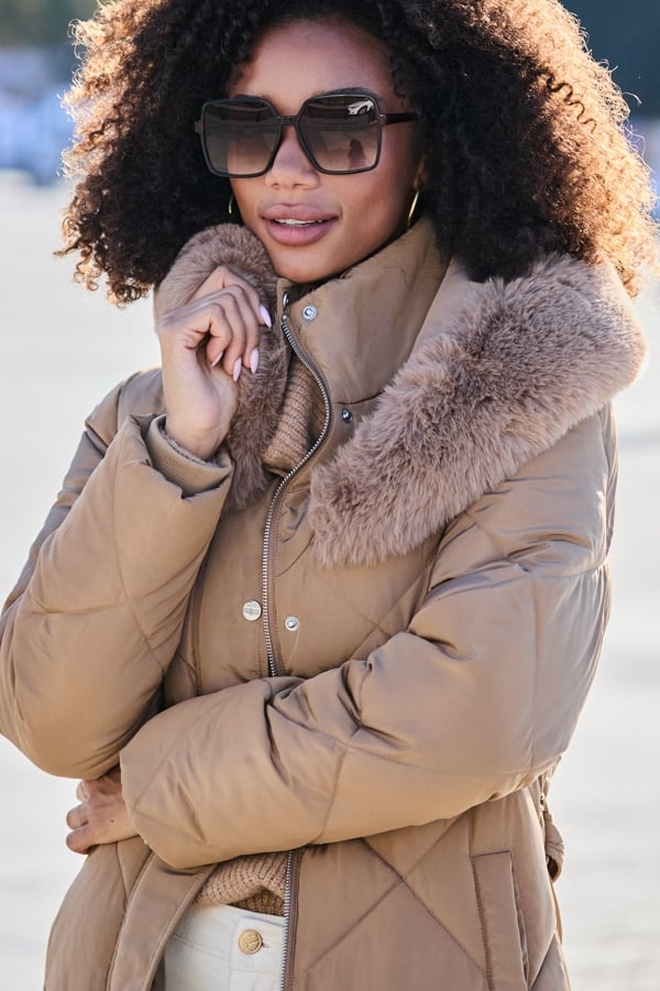 Camel Diamond Quilt Padded Coat With Faux Fur Trim