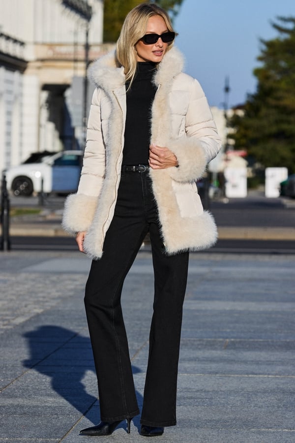Cream Padded Coat With Faux Fur Trim & Cuffs
