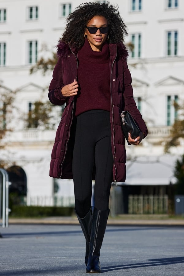 Burgundy Faux Fur Trim Padded Coat