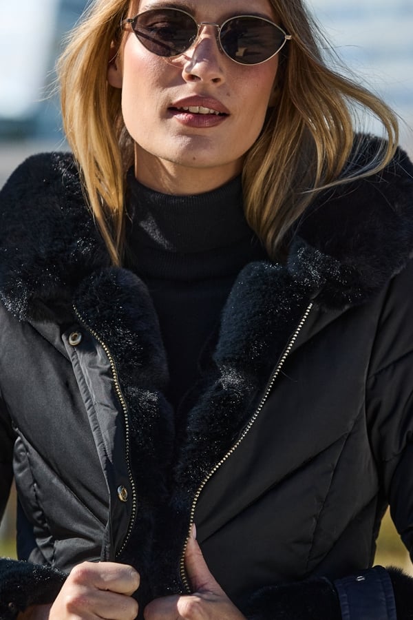 Black Faux Fur Detail Luxe Padded Coat