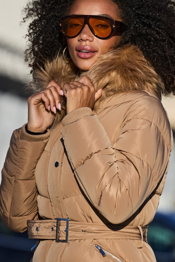 Camel Faux Fur Trim Padded Coat