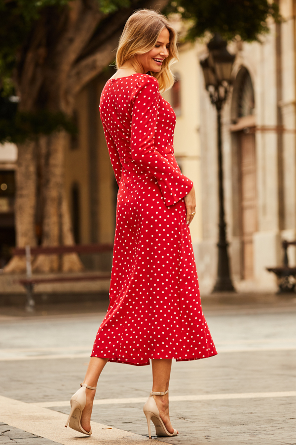 Red & White Spot Print Square Neck Dress