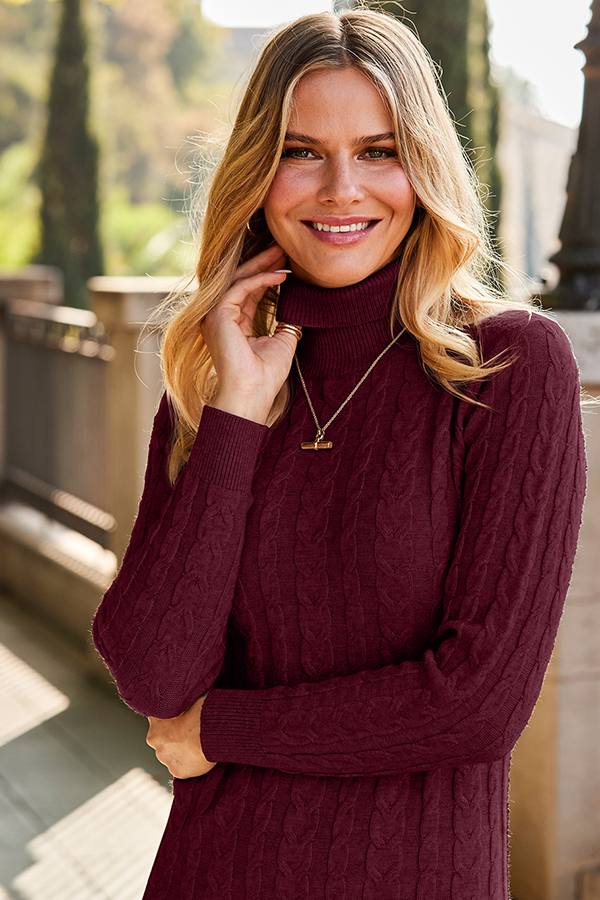Wine Roll Neck Cable Knit Dress