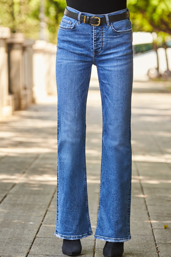 Mid Blue Raw Hem Kick Flare Jeans