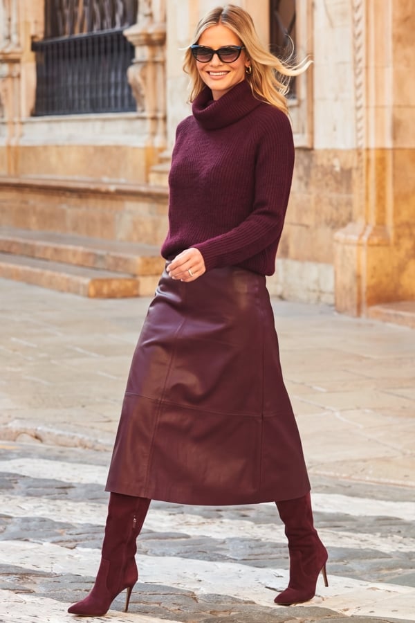 Burgundy Leather Look Panelled A-Line Midi Skirt