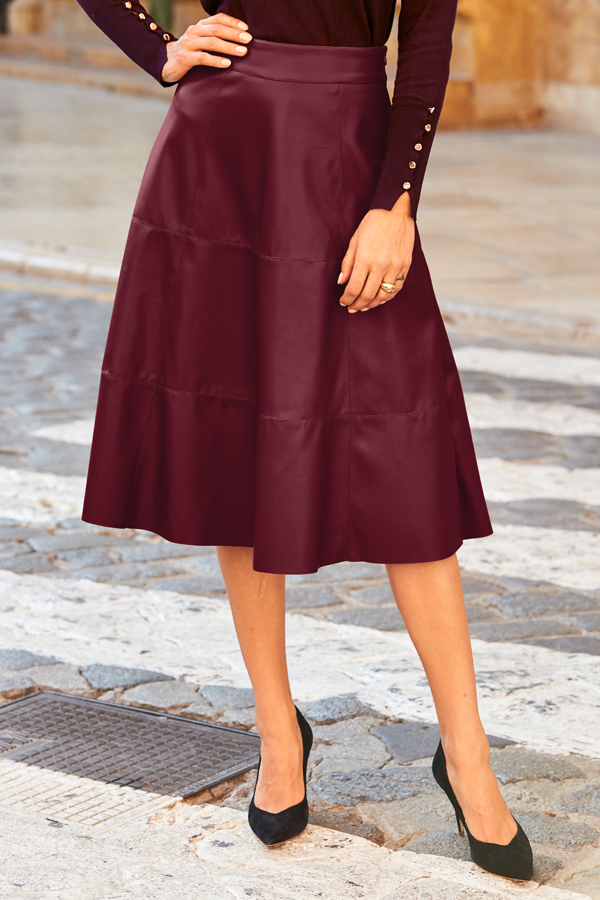 Burgundy Leather Look Panelled A-Line Midi Skirt