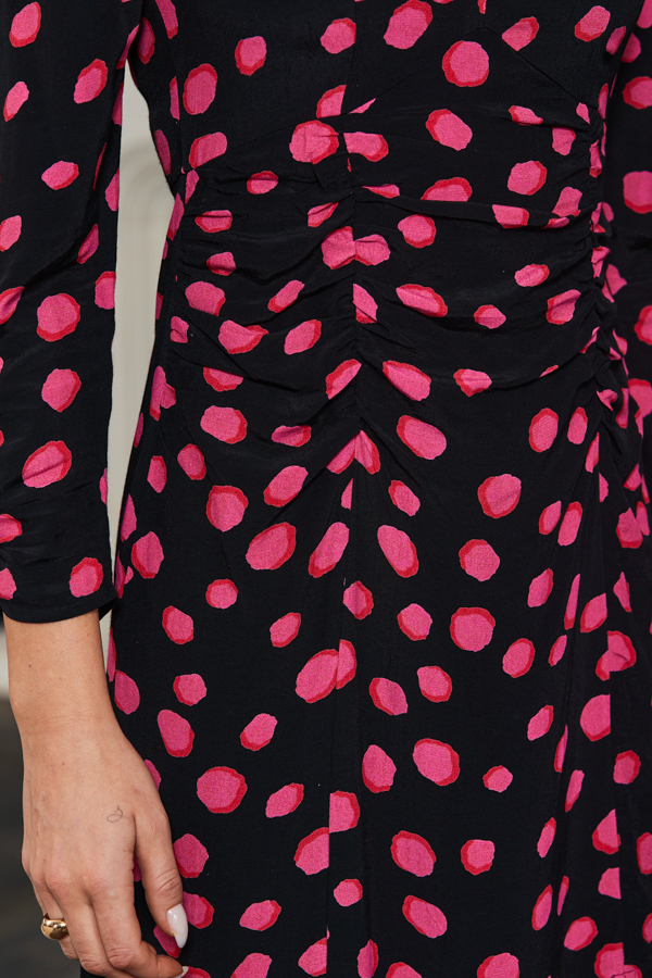 Black & Pink Spot Print Ruched Waist Fit & Flare Dress