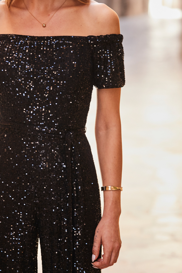 Petite Black Sequin Bardot Wide Leg Jumpsuit