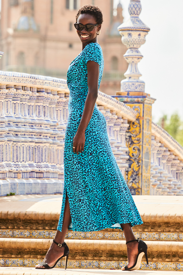 Aqua Animal Print Twist Front Maxi Jersey Dress