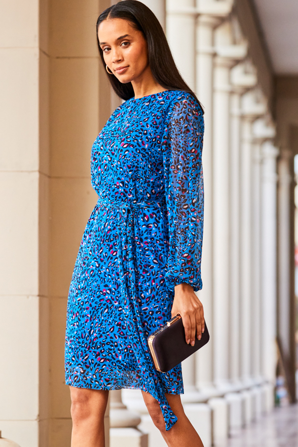 Blue Animal Print Plisse Belted Shift Jersey Dress