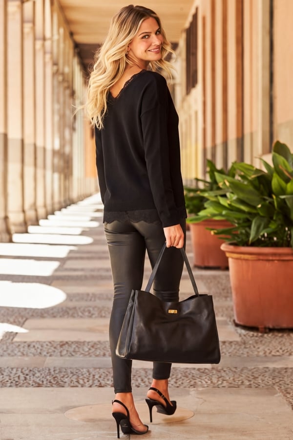 Black Lace Trim V Neck Jumper