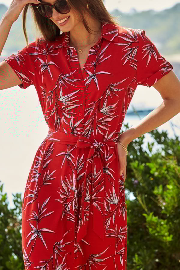Red Floral Print Belted Shirt Dress