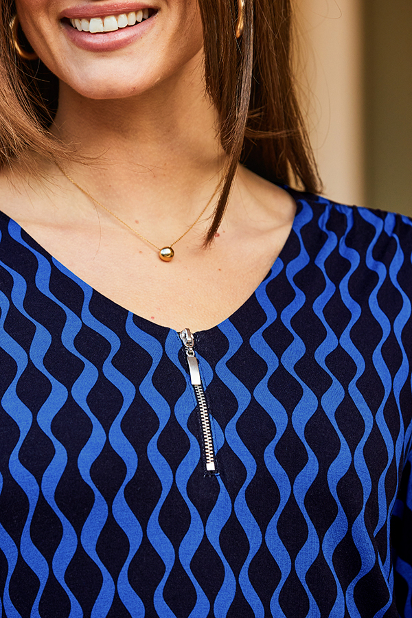 Blue Geometric Print Zip Neck Jersey Top