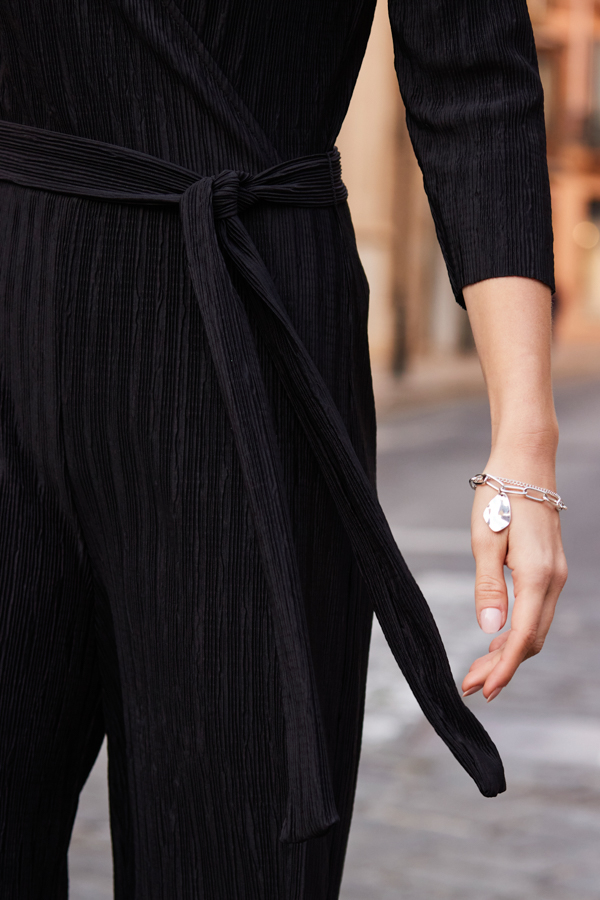Black Plisse Wrap Front Jumpsuit