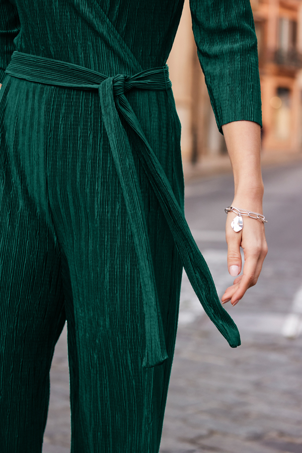 Emerald Green Plisse Wrap Front Jumpsuit
