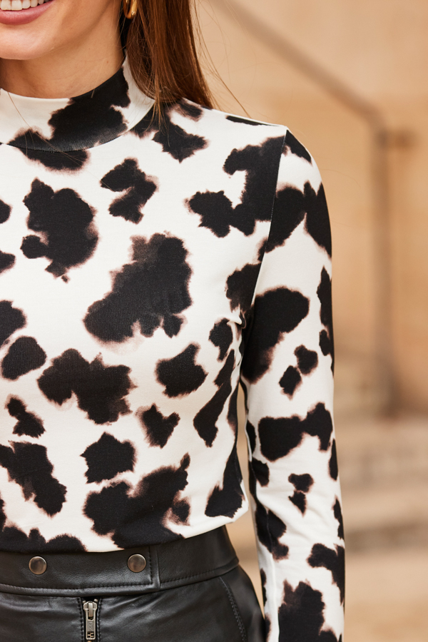 White & Black Chic Animal Print High Neck Jersey Top
