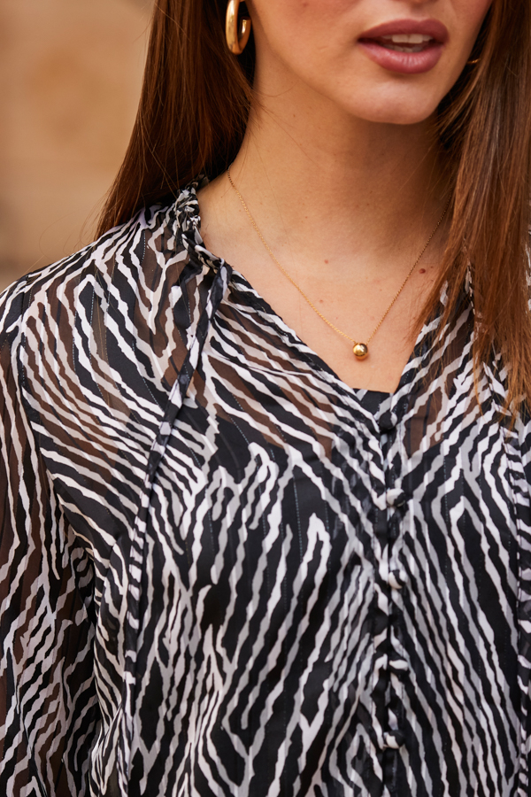 Black & White Print Frill Sleeve Tie Neck Blouse